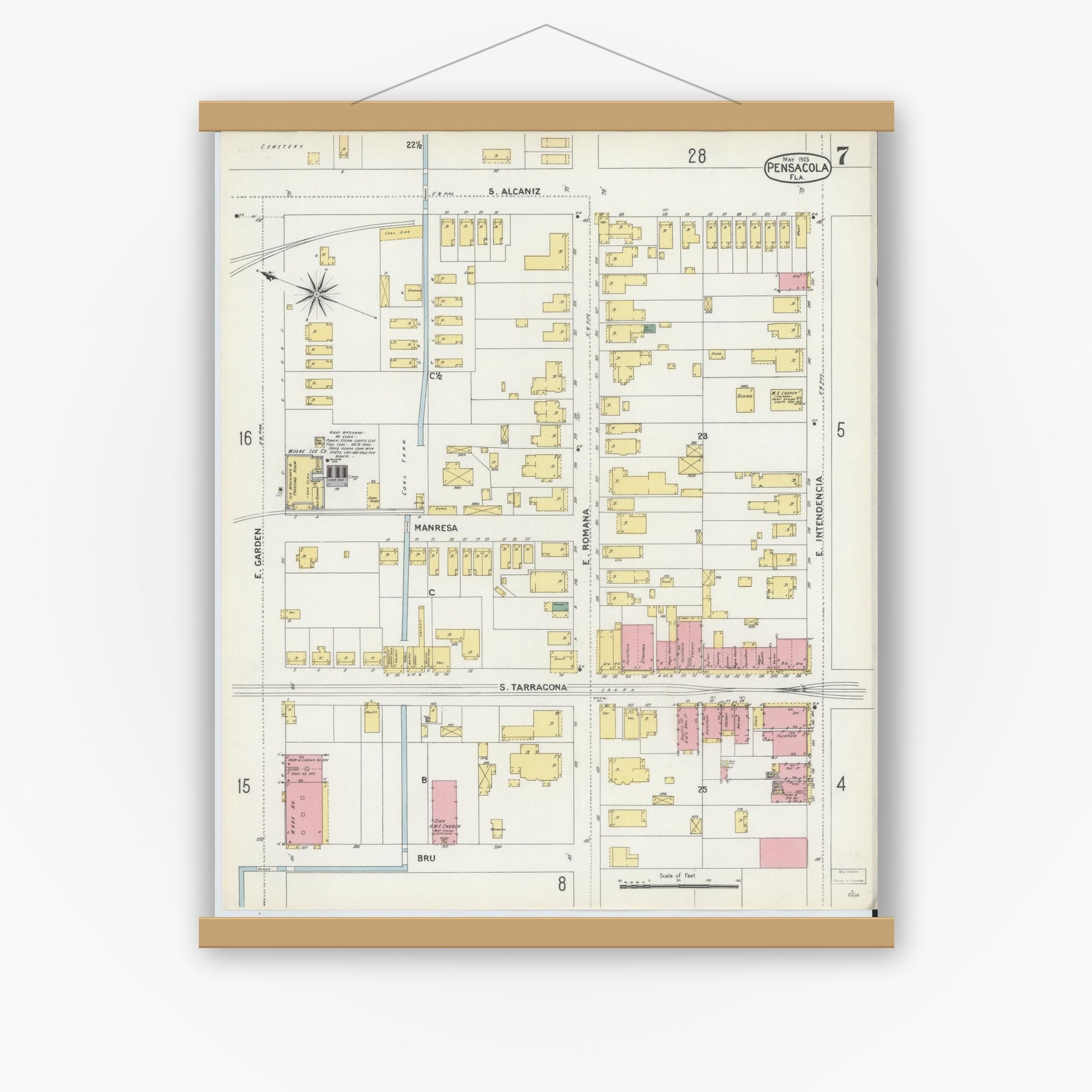 Old map wall art mockup — magnetic wood frame on white wall — Sanborn Fire Insurance Map from Pensacola, Escambia County, Florida (1903), Sheet #0007