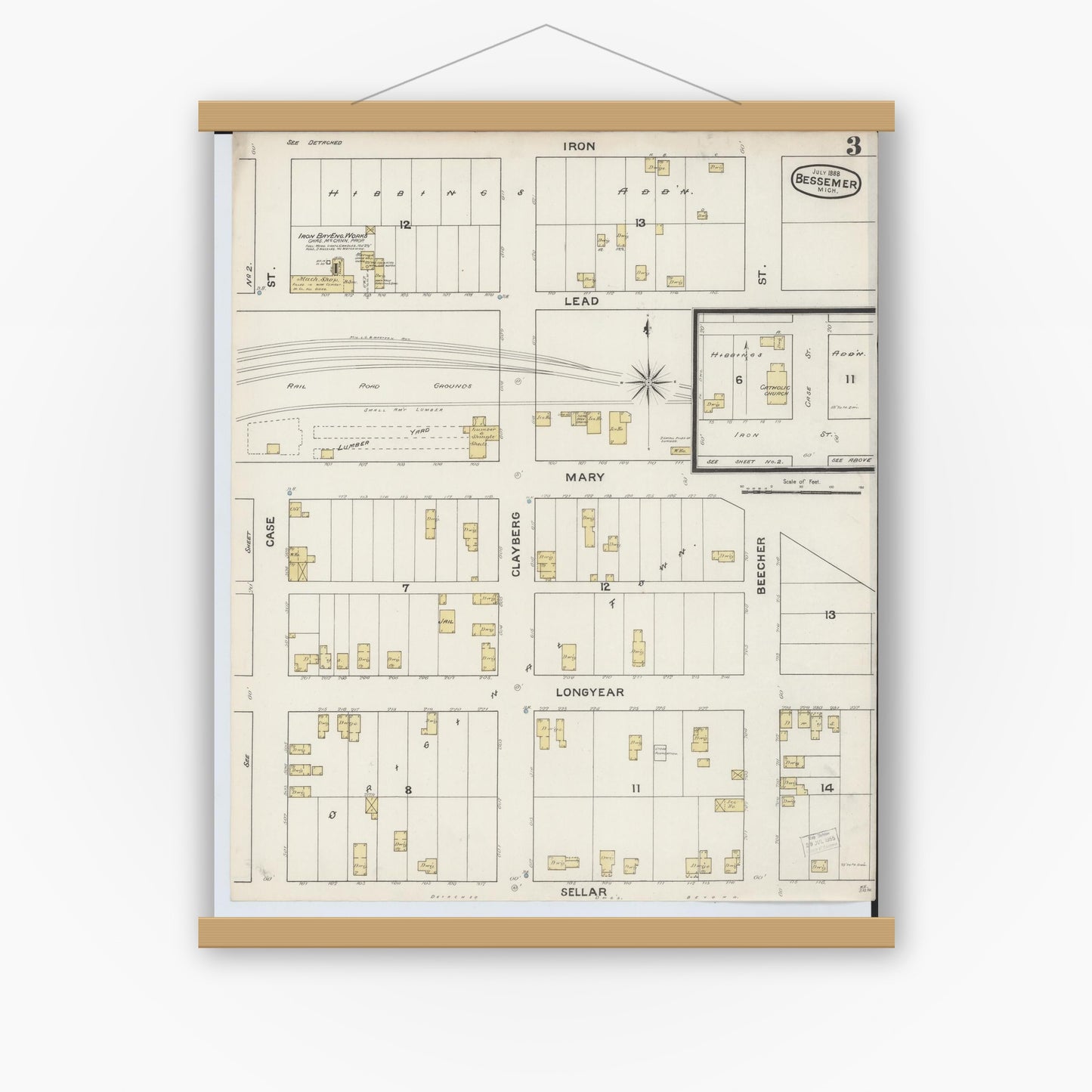Old map wall art mockup — magnetic wood frame on white wall — Sanborn Fire Insurance Map from Bessemer, Gogebic County, Michigan (1888), Sheet #0003