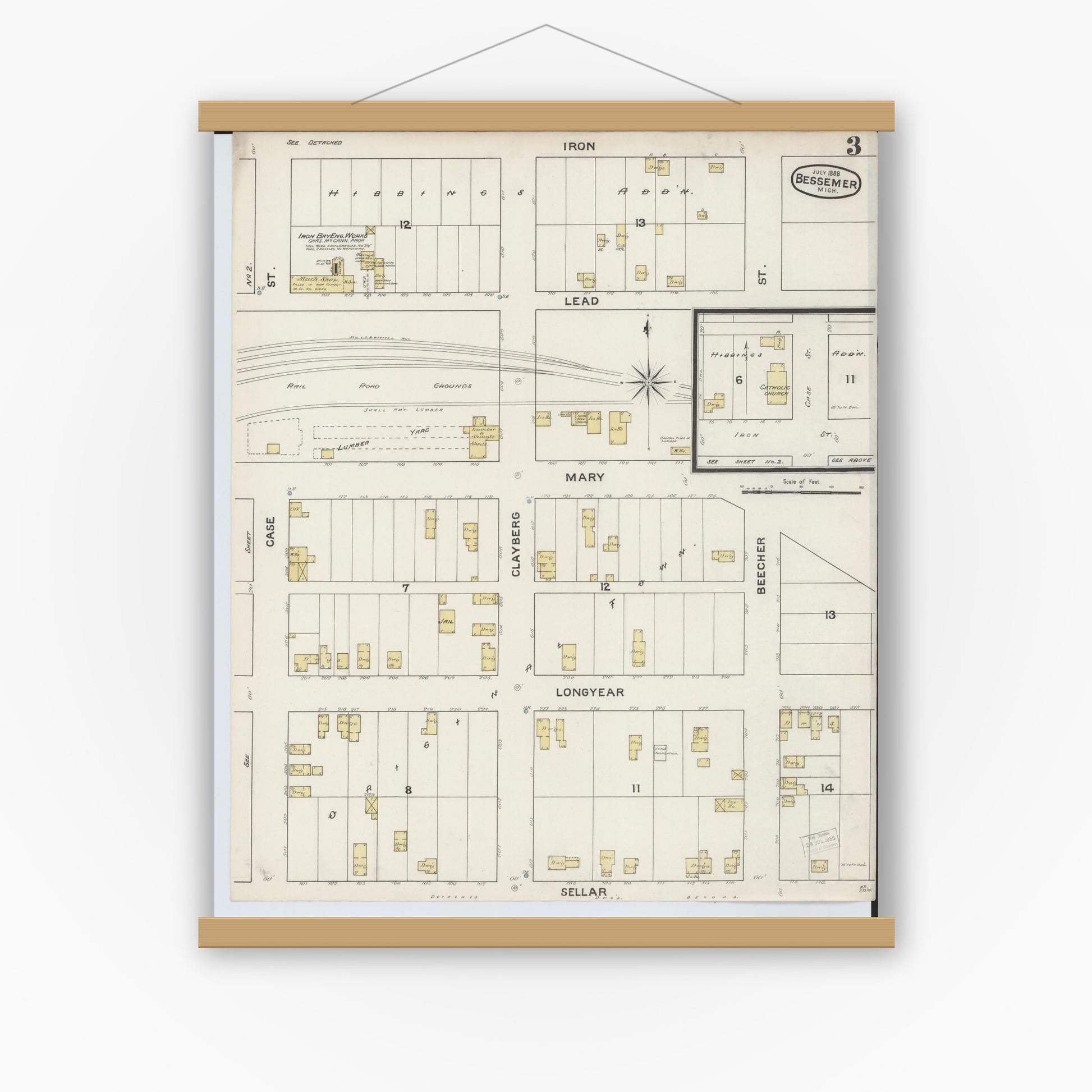 Old map wall art mockup — magnetic wood frame on white wall — Sanborn Fire Insurance Map from Bessemer, Gogebic County, Michigan (1888), Sheet #0003