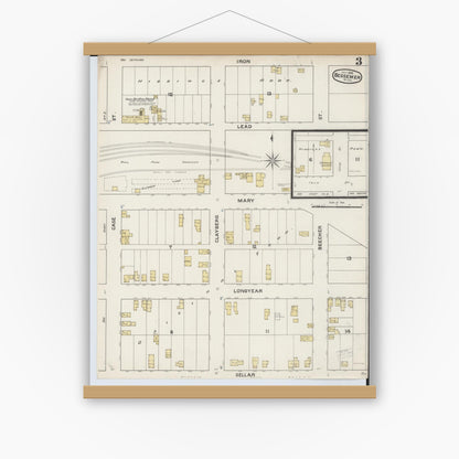 Old map wall art mockup — magnetic wood frame on white wall — Sanborn Fire Insurance Map from Bessemer, Gogebic County, Michigan (1888), Sheet #0003