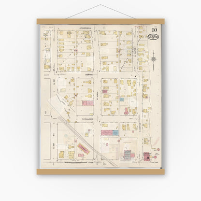 Old map wall art mockup — magnetic wood frame on white wall — Sanborn Fire Insurance Map from Clinton, Vermillion County, Indiana (1947), Sheet #0010