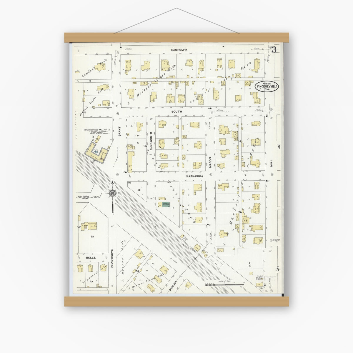 Old map wall art mockup — magnetic wood frame on white wall — Sanborn Fire Insurance Map from Pinckneyville, Perry County, Illinois (1910), Sheet #0003