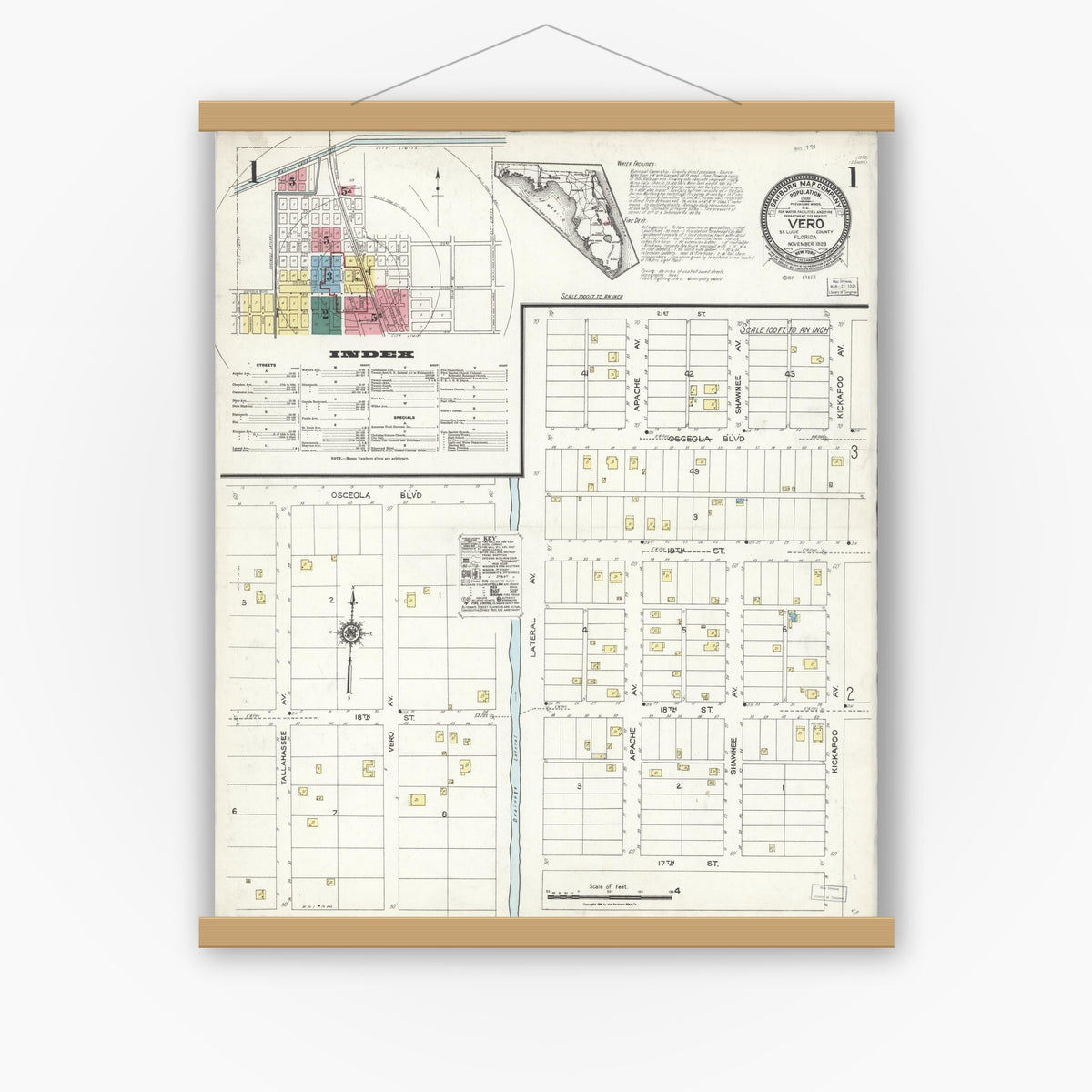 Old map wall art mockup — magnetic wood frame on white wall — Sanborn Fire Insurance Map from Vero Beach, Indian River County, Florida (1923) - Complete Map Set