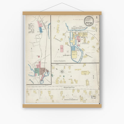 Old map wall art mockup — magnetic wood frame on white wall — Sanborn Fire Insurance Map from Braintree, Norfolk County, Massachusetts (1886) - Complete Map Set