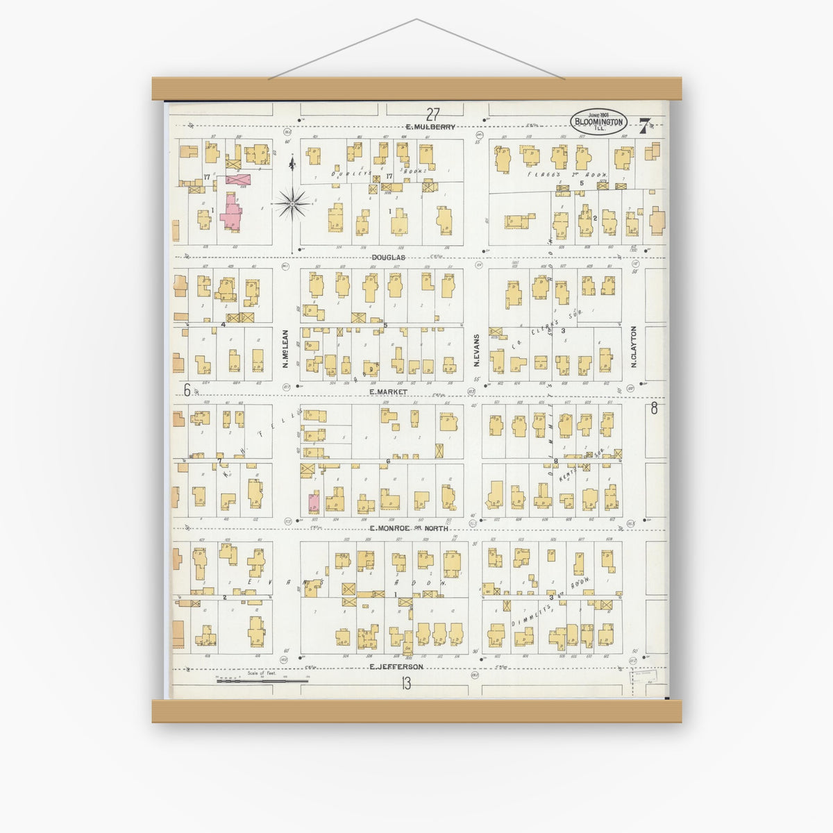 Old map wall art mockup — magnetic wood frame on white wall — Sanborn Fire Insurance Map from Bloomington, McLean County, Illinois (1901), Sheet #0007
