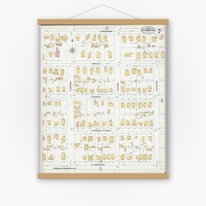 Old map wall art mockup — magnetic wood frame on white wall — Sanborn Fire Insurance Map from Bloomington, McLean County, Illinois (1901), Sheet #0007