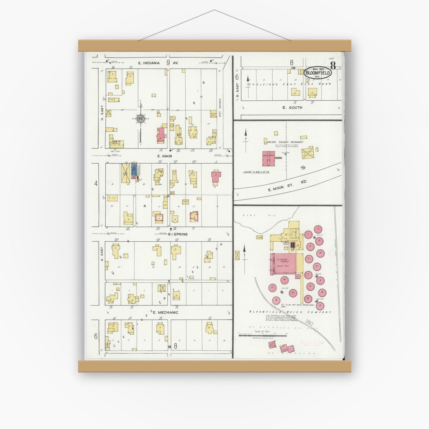 Old map wall art mockup — magnetic wood frame on white wall — Sanborn Fire Insurance Map from Bloomfield, Greene County, Indiana (1921), Sheet #0008