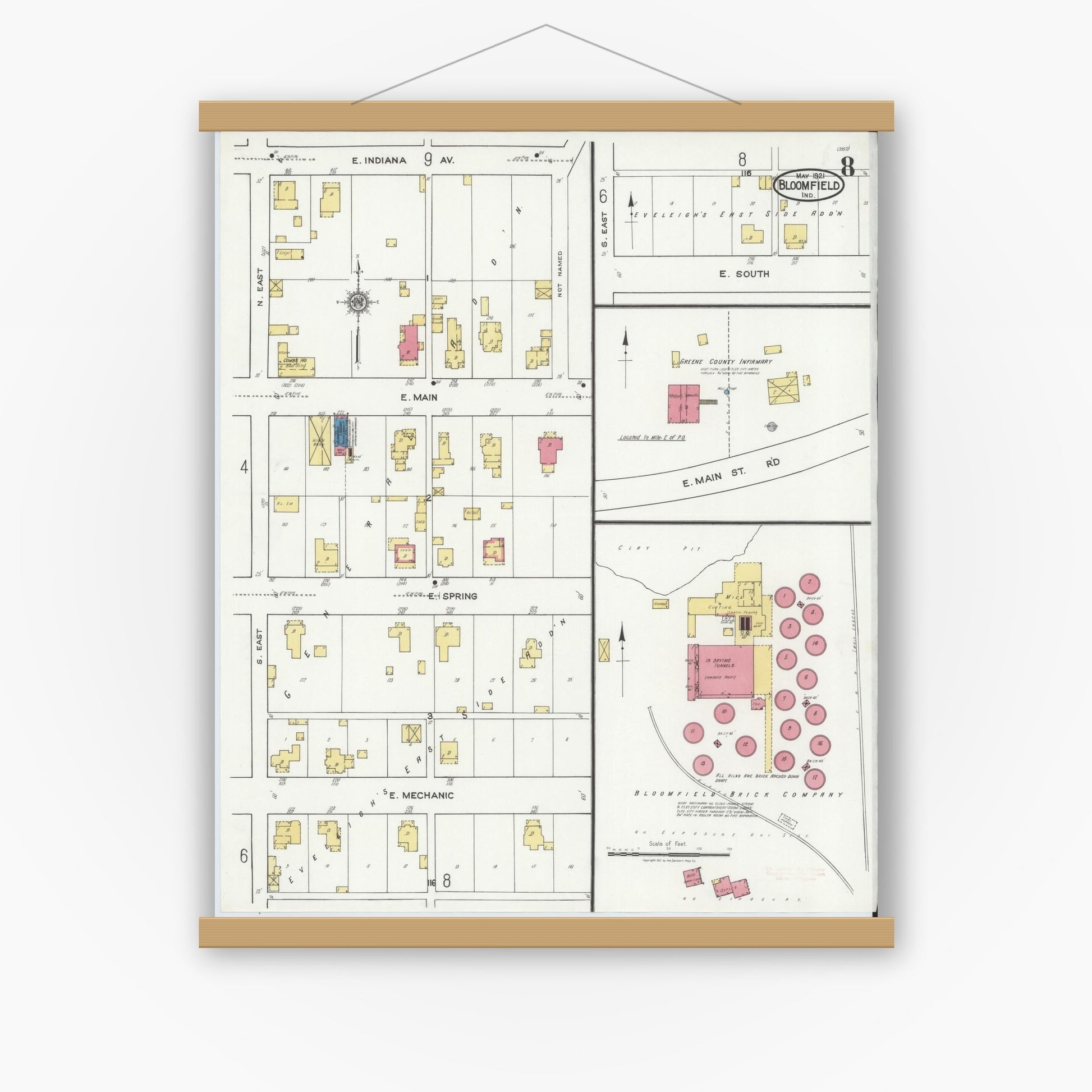 Old map wall art mockup — magnetic wood frame on white wall — Sanborn Fire Insurance Map from Bloomfield, Greene County, Indiana (1921), Sheet #0008