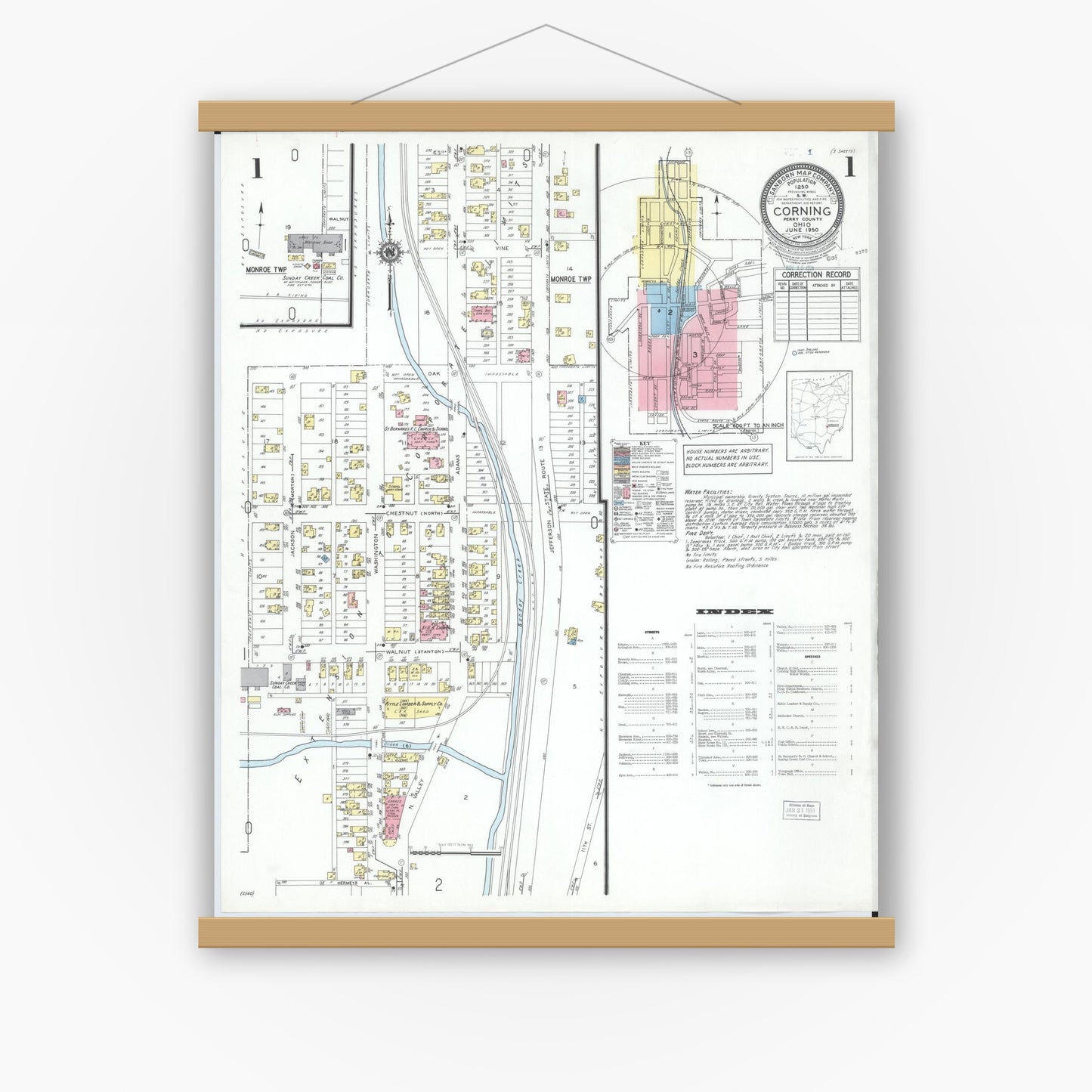 Old map wall art mockup — magnetic wood frame on white wall — Sanborn Fire Insurance Map from Corning, Perry County, Ohio (1950) - Complete Map Set