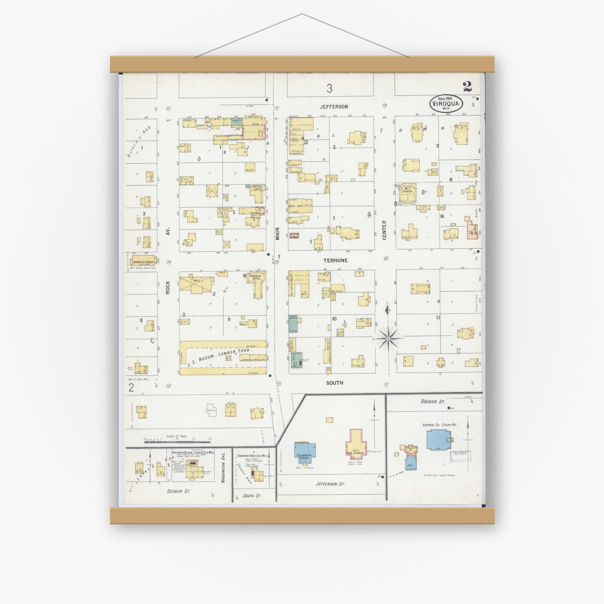 Old map wall art mockup — magnetic wood frame on white wall — Sanborn Fire Insurance Map from Viroqua, Vernon County, Wisconsin (1900), Sheet #0002