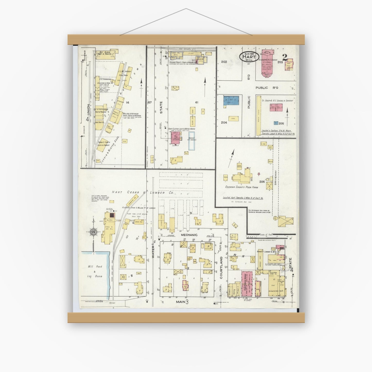 Old map wall art mockup — magnetic wood frame on white wall — Sanborn Fire Insurance Map from Hart, Oceana County, Michigan (1920), Sheet #0002