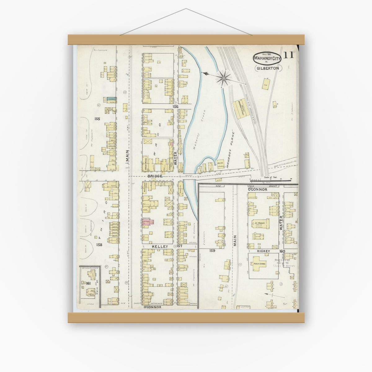 Old map wall art mockup — magnetic wood frame on white wall — Sanborn Fire Insurance Map from Mahanoy City, Schuylkill County, Pennsylvania (1891), Sheet #0011