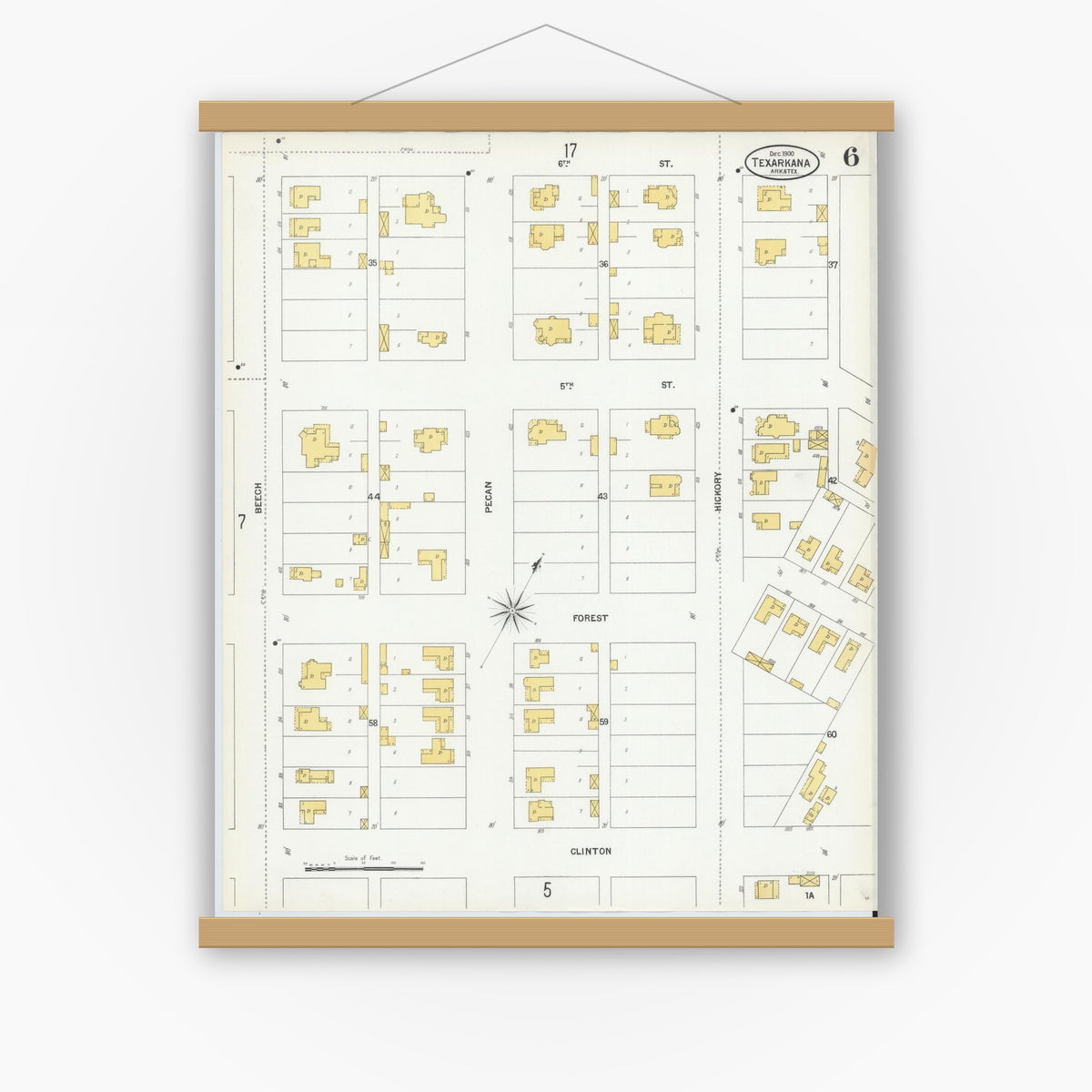 Old map wall art mockup — magnetic wood frame on white wall — Sanborn Fire Insurance Map from Texarkana, Bowie County, Texas (1900), Sheet #0006