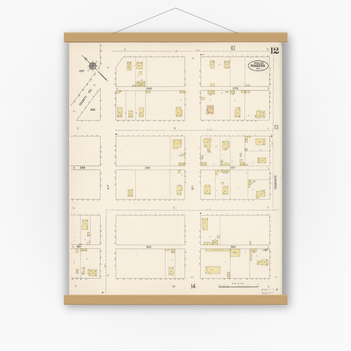 Old map wall art mockup — magnetic wood frame on white wall — Sanborn Fire Insurance Map from Madera, Madera County, California (1912), Sheet #0012