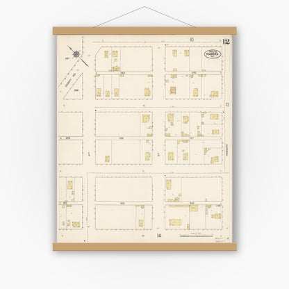 Old map wall art mockup — magnetic wood frame on white wall — Sanborn Fire Insurance Map from Madera, Madera County, California (1912), Sheet #0012