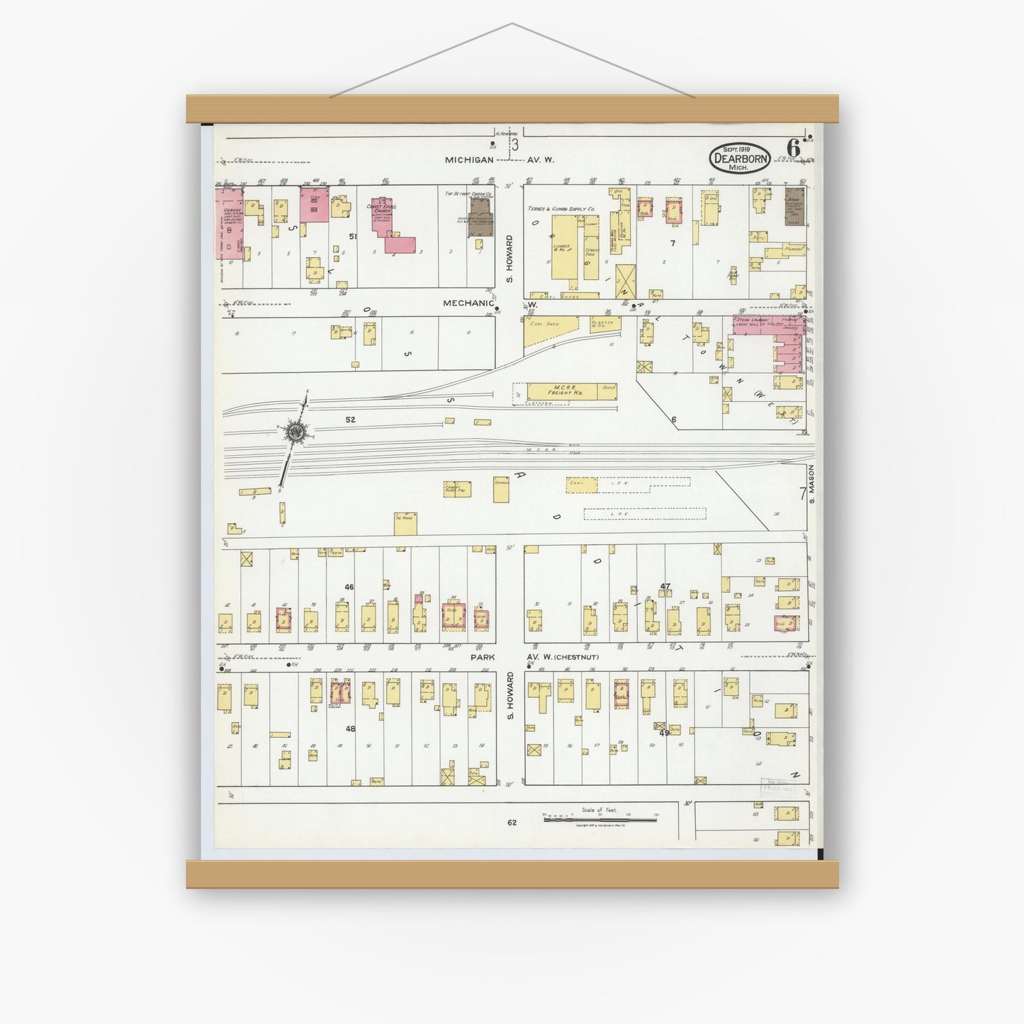 Old map wall art mockup — magnetic wood frame on white wall — Sanborn Fire Insurance Map from Dearborn, Wayne County, Michigan (1919), Sheet #0006