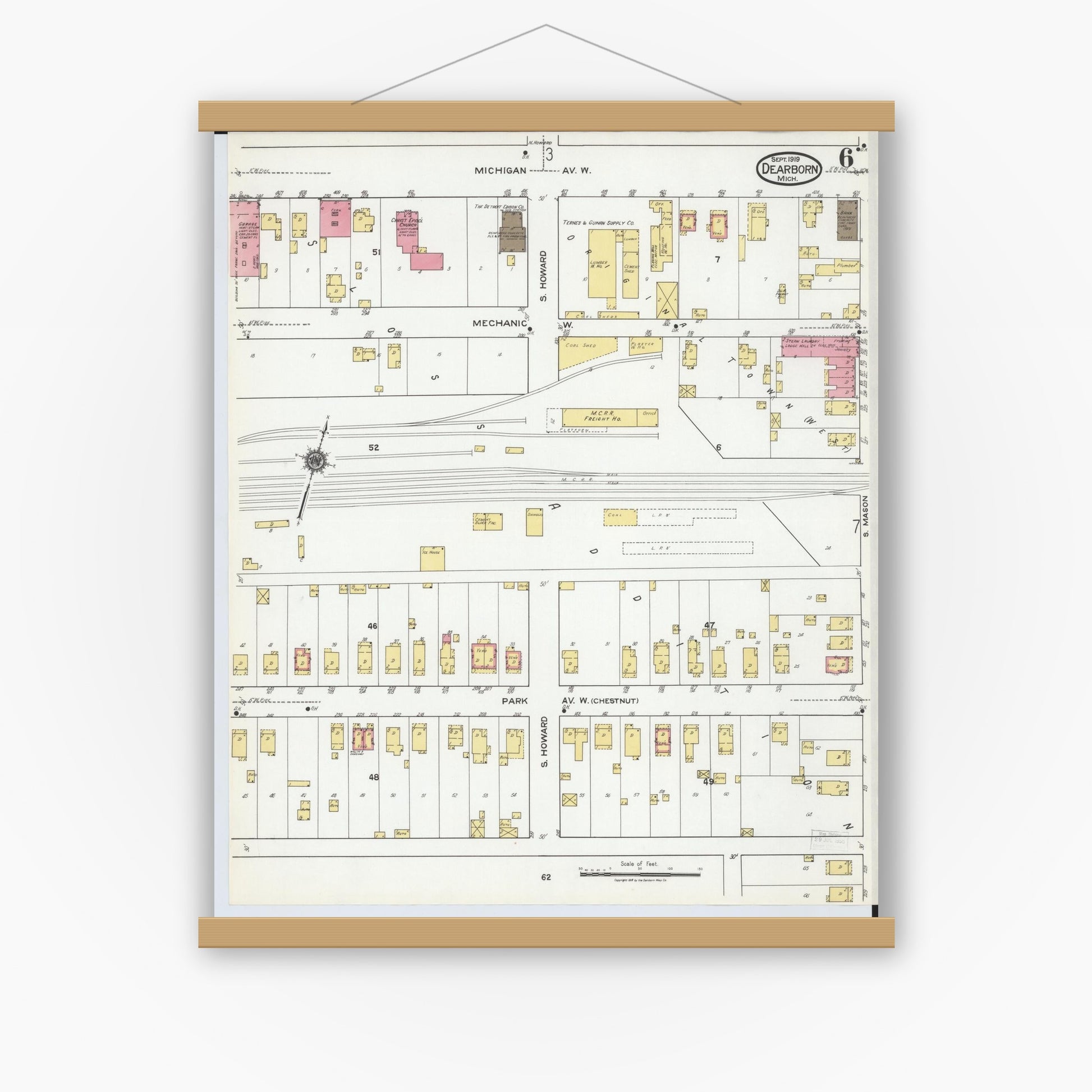 Old map wall art mockup — magnetic wood frame on white wall — Sanborn Fire Insurance Map from Dearborn, Wayne County, Michigan (1919), Sheet #0006