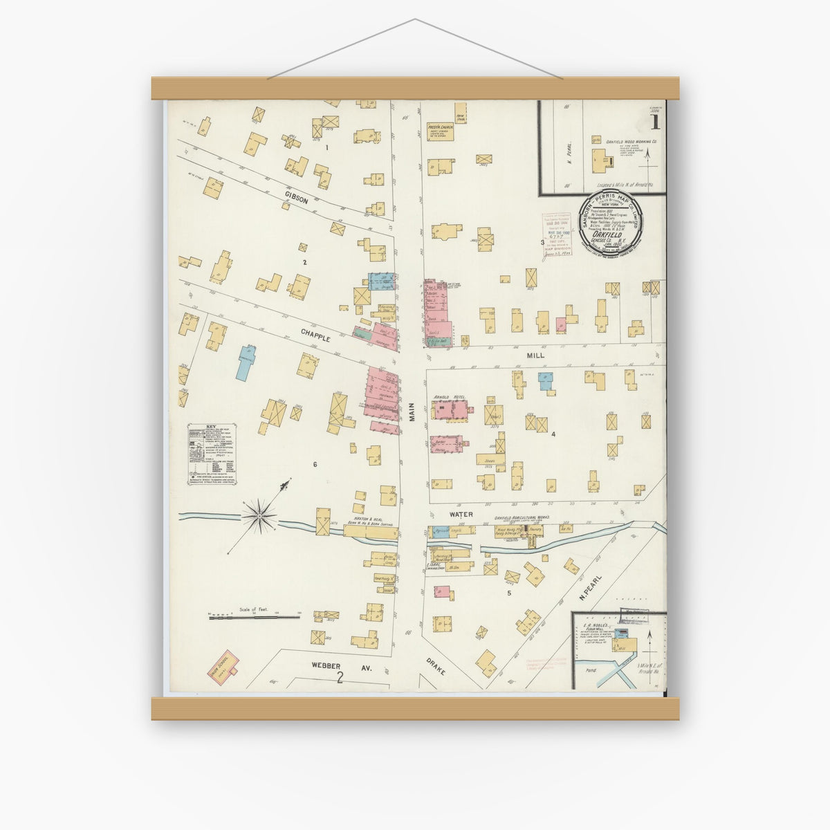 Old map wall art mockup — magnetic wood frame on white wall — Sanborn Fire Insurance Map from Oakfield, Genesee County, New York (1900), Sheet #0001