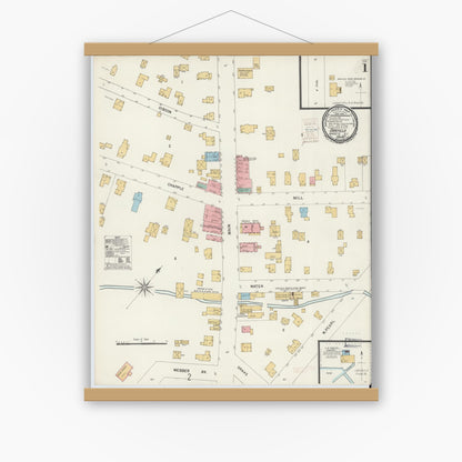 Old map wall art mockup — magnetic wood frame on white wall — Sanborn Fire Insurance Map from Oakfield, Genesee County, New York (1900), Sheet #0001