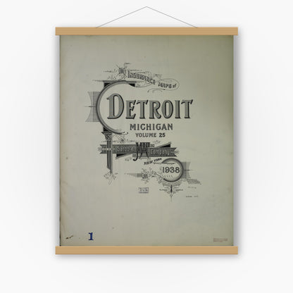 Old map wall art mockup — magnetic wood frame on white wall — Sanborn Fire Insurance Map from Detroit, Wayne County, Michigan (1938), Sheet #0001