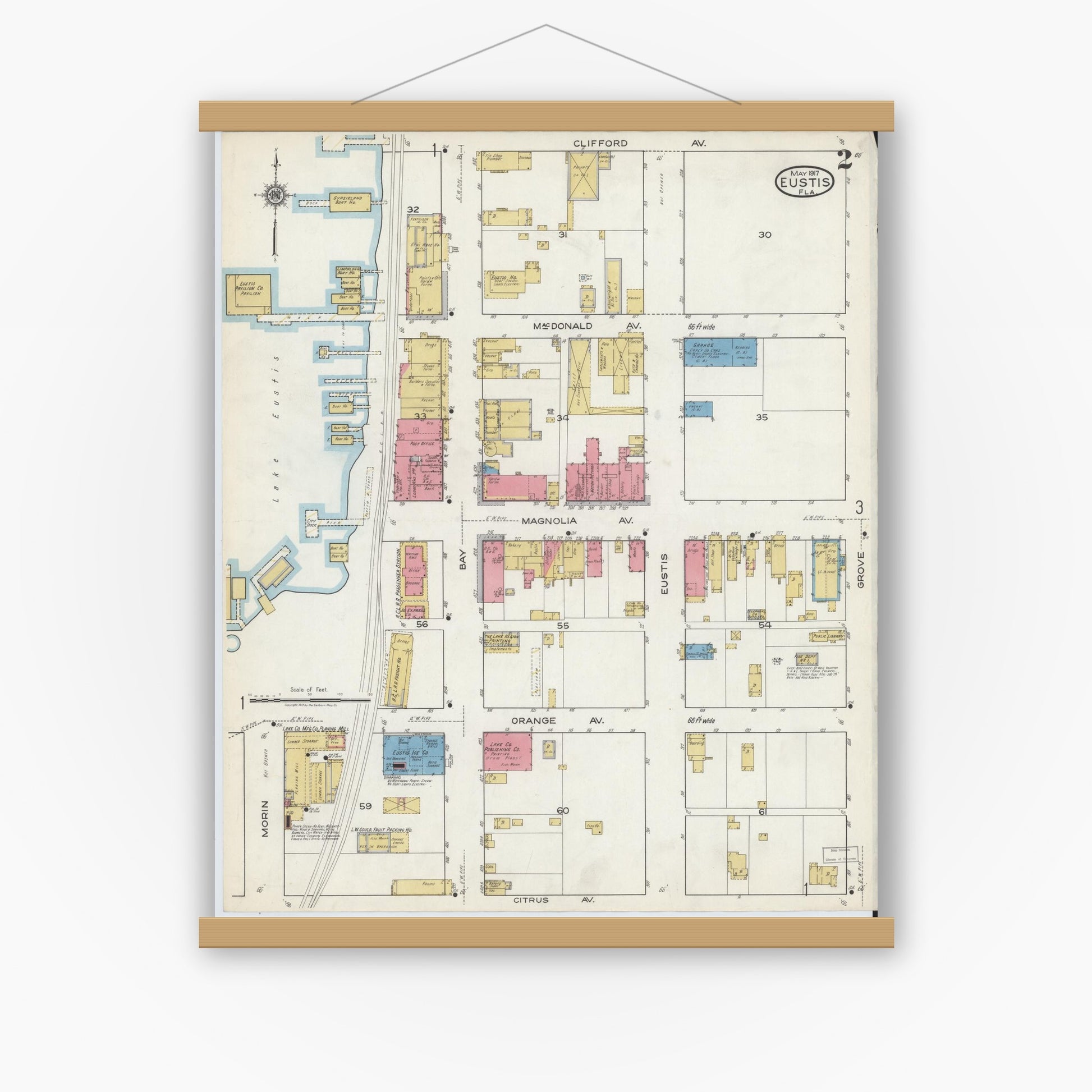 Old map wall art mockup — magnetic wood frame on white wall — Sanborn Fire Insurance Map from Eustis, Lake County, Florida (1917), Sheet #0002