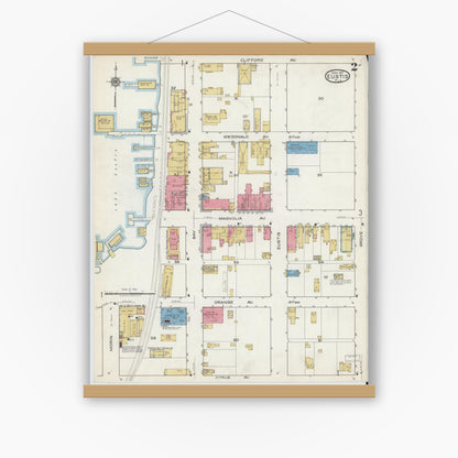 Old map wall art mockup — magnetic wood frame on white wall — Sanborn Fire Insurance Map from Eustis, Lake County, Florida (1917), Sheet #0002