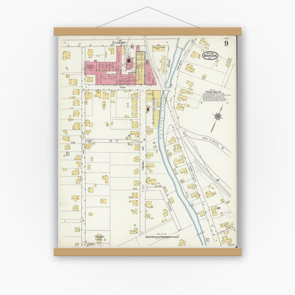 Old map wall art mockup — magnetic wood frame on white wall — Sanborn Fire Insurance Map from Marion, Smyth County, Virginia (1921), Sheet #0009