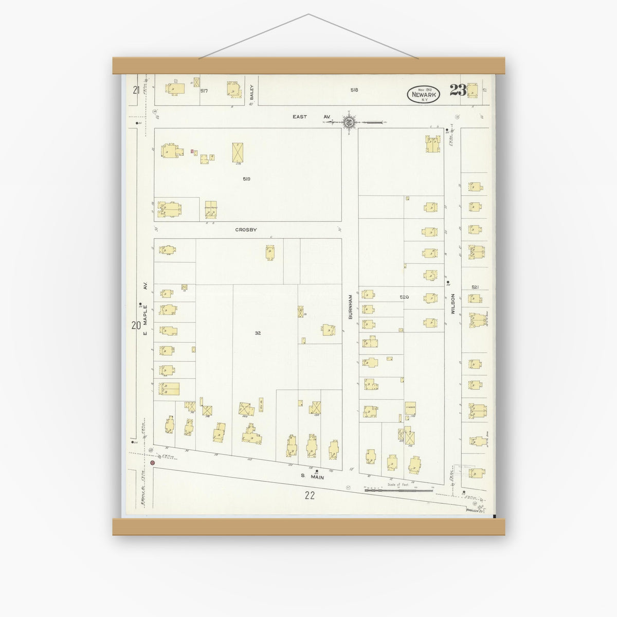 Old map wall art mockup — magnetic wood frame on white wall — Sanborn Fire Insurance Map from Newark, Wayne County, New York (1912), Sheet #0023