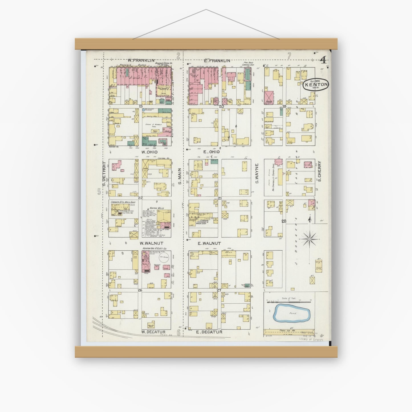 Old map wall art mockup — magnetic wood frame on white wall — Sanborn Fire Insurance Map from Kenton, Hardin County, Ohio (1892), Sheet #0004