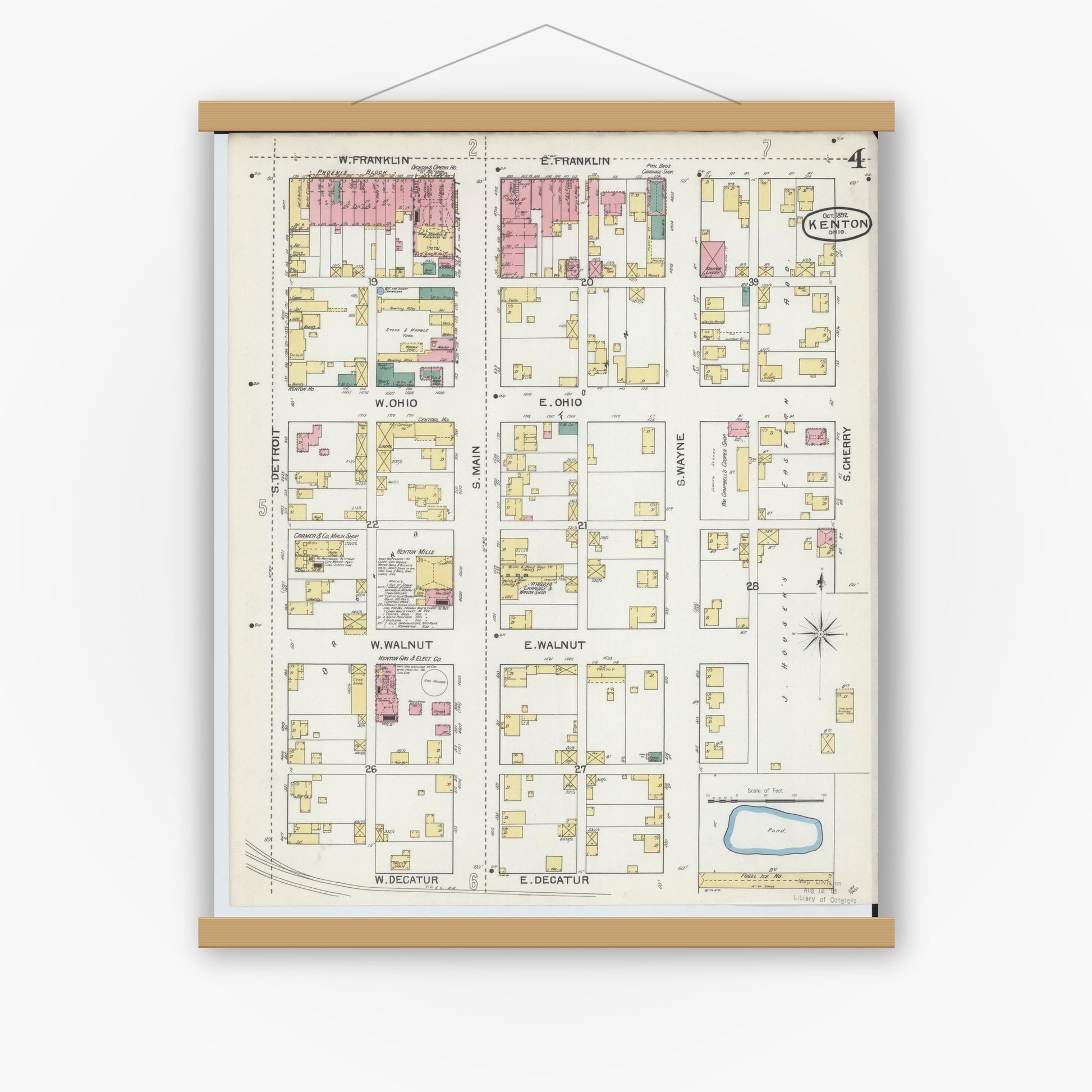 Old map wall art mockup — magnetic wood frame on white wall — Sanborn Fire Insurance Map from Kenton, Hardin County, Ohio (1892), Sheet #0004