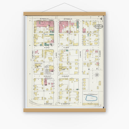 Old map wall art mockup — magnetic wood frame on white wall — Sanborn Fire Insurance Map from Kenton, Hardin County, Ohio (1892), Sheet #0004