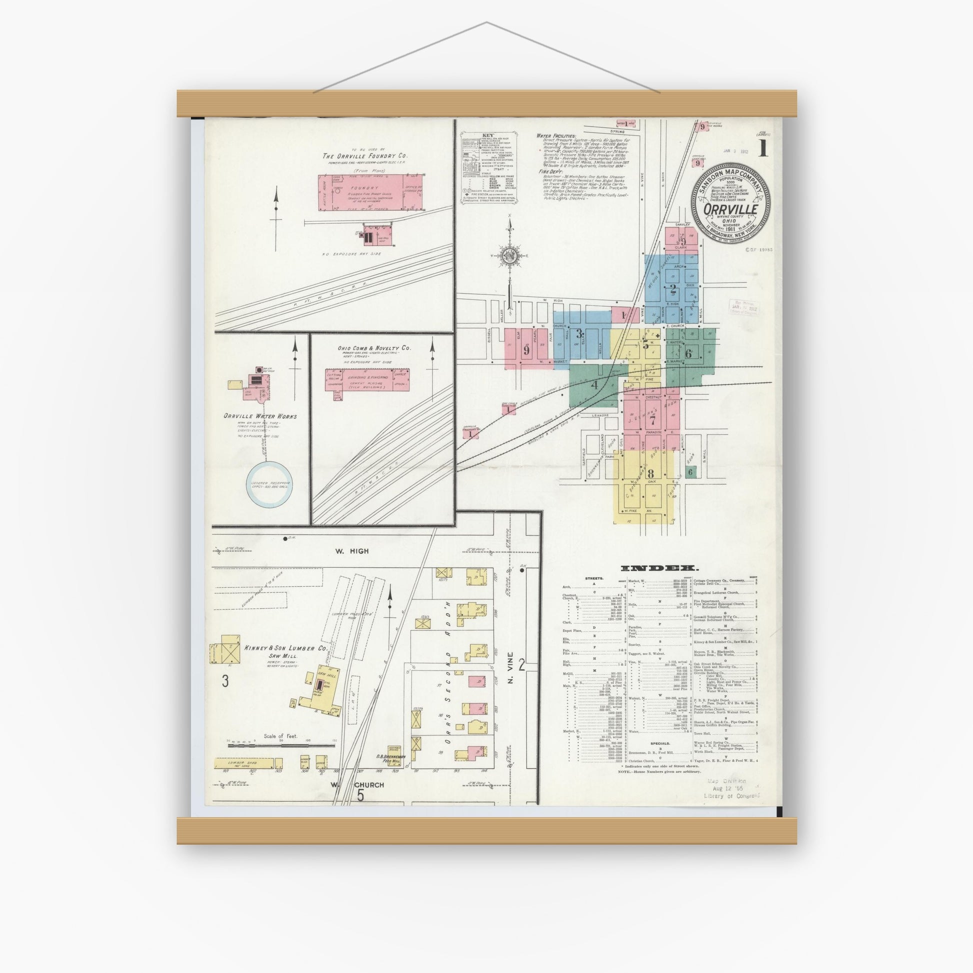 Old map wall art mockup — magnetic wood frame on white wall — Sanborn Fire Insurance Map from Orrville, Wayne County, Ohio (1911) - Complete Map Set
