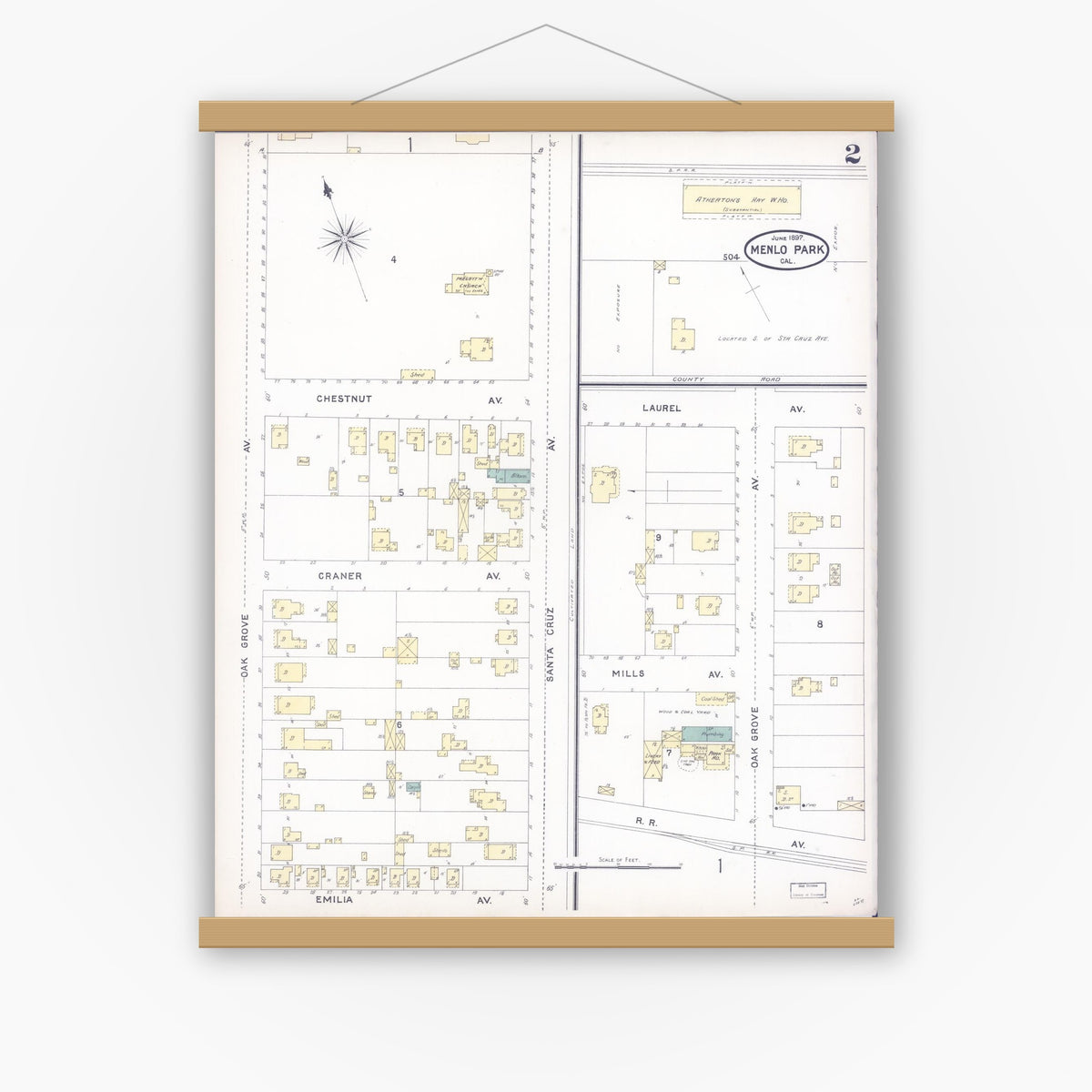 Old map wall art mockup — magnetic wood frame on white wall — Sanborn Fire Insurance Map from Menlo Park, San Mateo County, California (1897), Sheet #0002