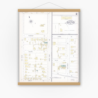 Old map wall art mockup — magnetic wood frame on white wall — Sanborn Fire Insurance Map from Menlo Park, San Mateo County, California (1897), Sheet #0002