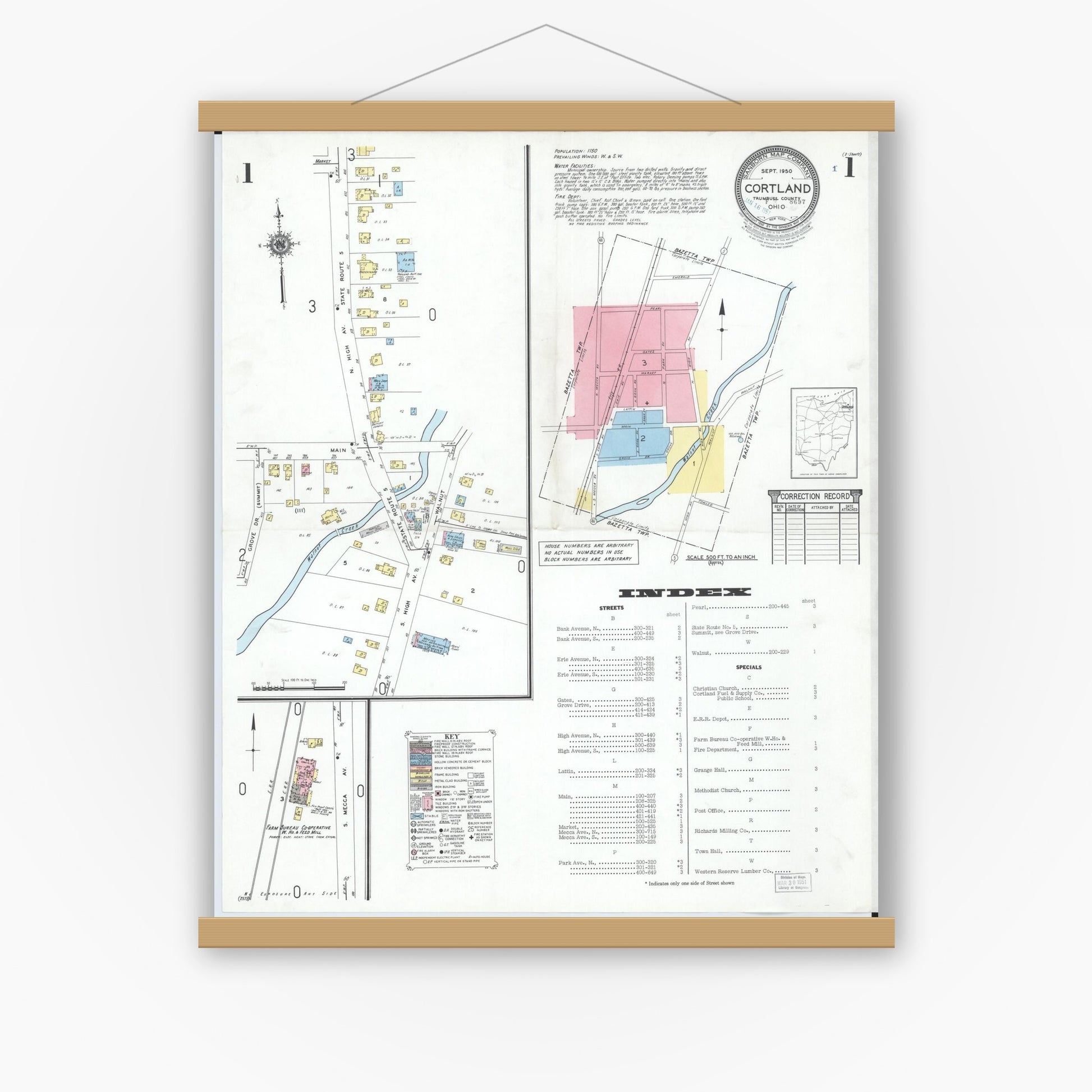 Old map wall art mockup — magnetic wood frame on white wall — Sanborn Fire Insurance Map from Cortland, Trumbull County, Ohio (1950), Sheet #0001