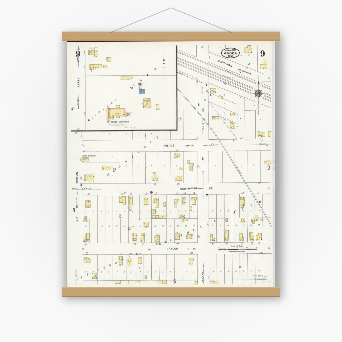 Old map wall art mockup — magnetic wood frame on white wall — Sanborn Fire Insurance Map from Anoka, Anoka County, Minnesota (1925), Sheet #0009