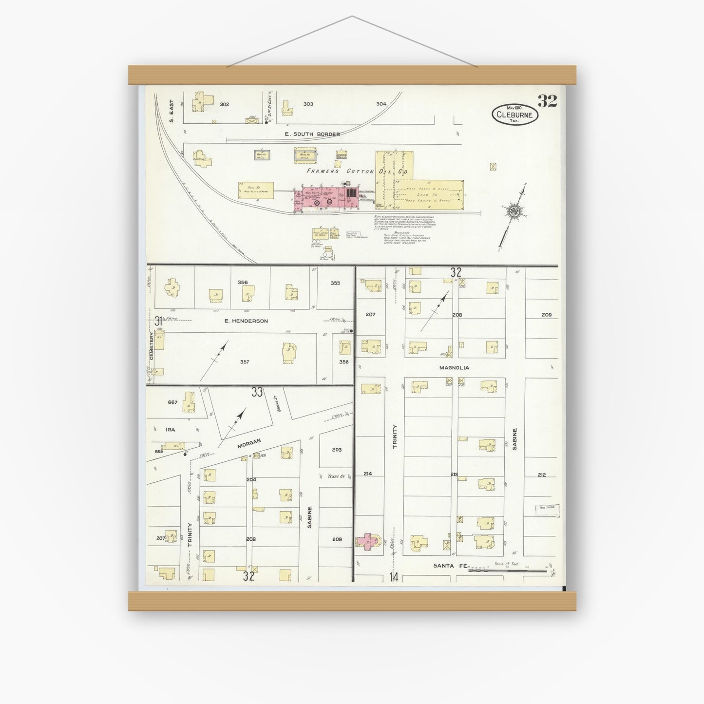 Old map wall art mockup — magnetic wood frame on white wall — Sanborn Fire Insurance Map from Cleburne, Johnson County, Texas (1910), Sheet #0032