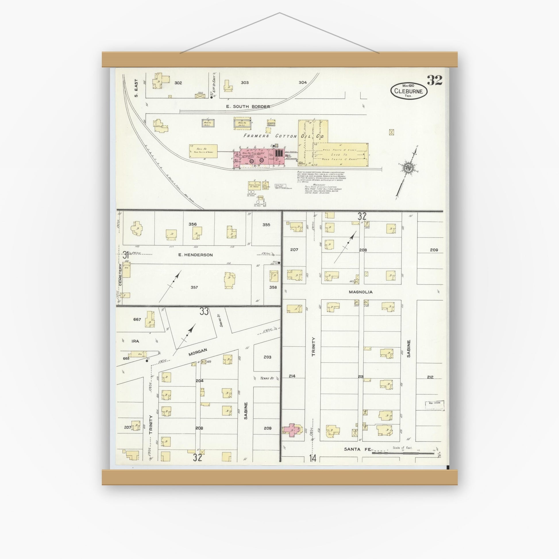 Old map wall art mockup — magnetic wood frame on white wall — Sanborn Fire Insurance Map from Cleburne, Johnson County, Texas (1910), Sheet #0032