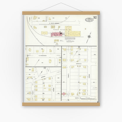 Old map wall art mockup — magnetic wood frame on white wall — Sanborn Fire Insurance Map from Cleburne, Johnson County, Texas (1910), Sheet #0032