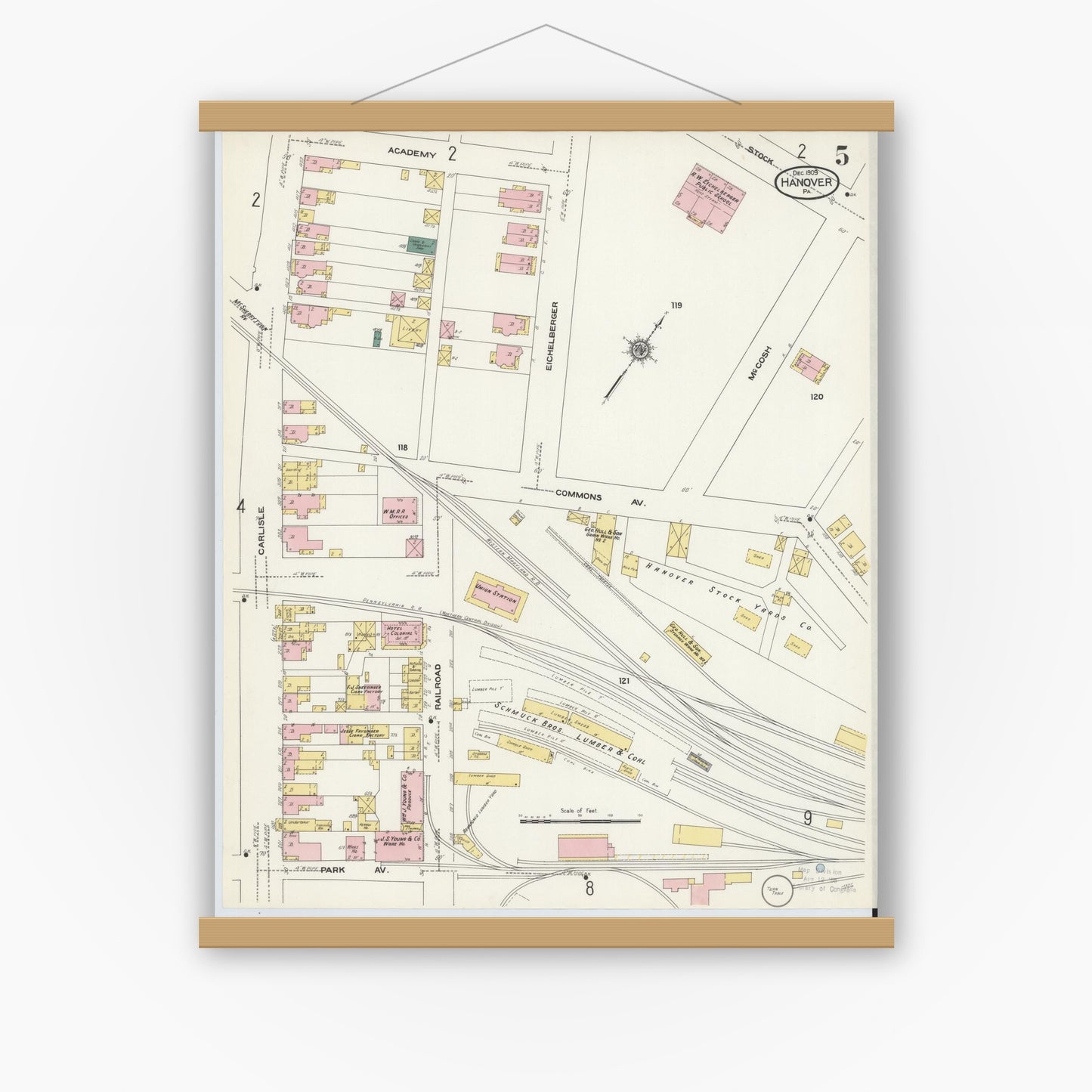 Old map wall art mockup — magnetic wood frame on white wall — Sanborn Fire Insurance Map from Hanover, York County, Pennsylvania (1909), Sheet #0005