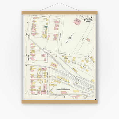 Old map wall art mockup — magnetic wood frame on white wall — Sanborn Fire Insurance Map from Hanover, York County, Pennsylvania (1909), Sheet #0005