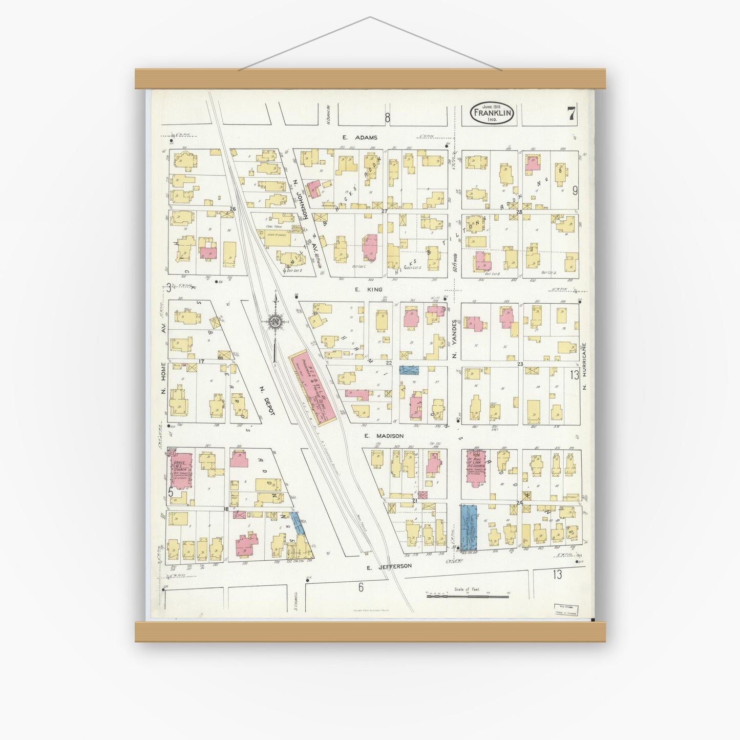 Old map wall art mockup — magnetic wood frame on white wall — Sanborn Fire Insurance Map from Franklin, Johnson County, Indiana (1916), Sheet #0007