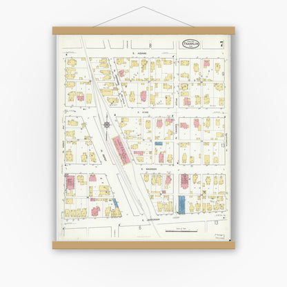 Old map wall art mockup — magnetic wood frame on white wall — Sanborn Fire Insurance Map from Franklin, Johnson County, Indiana (1916), Sheet #0007