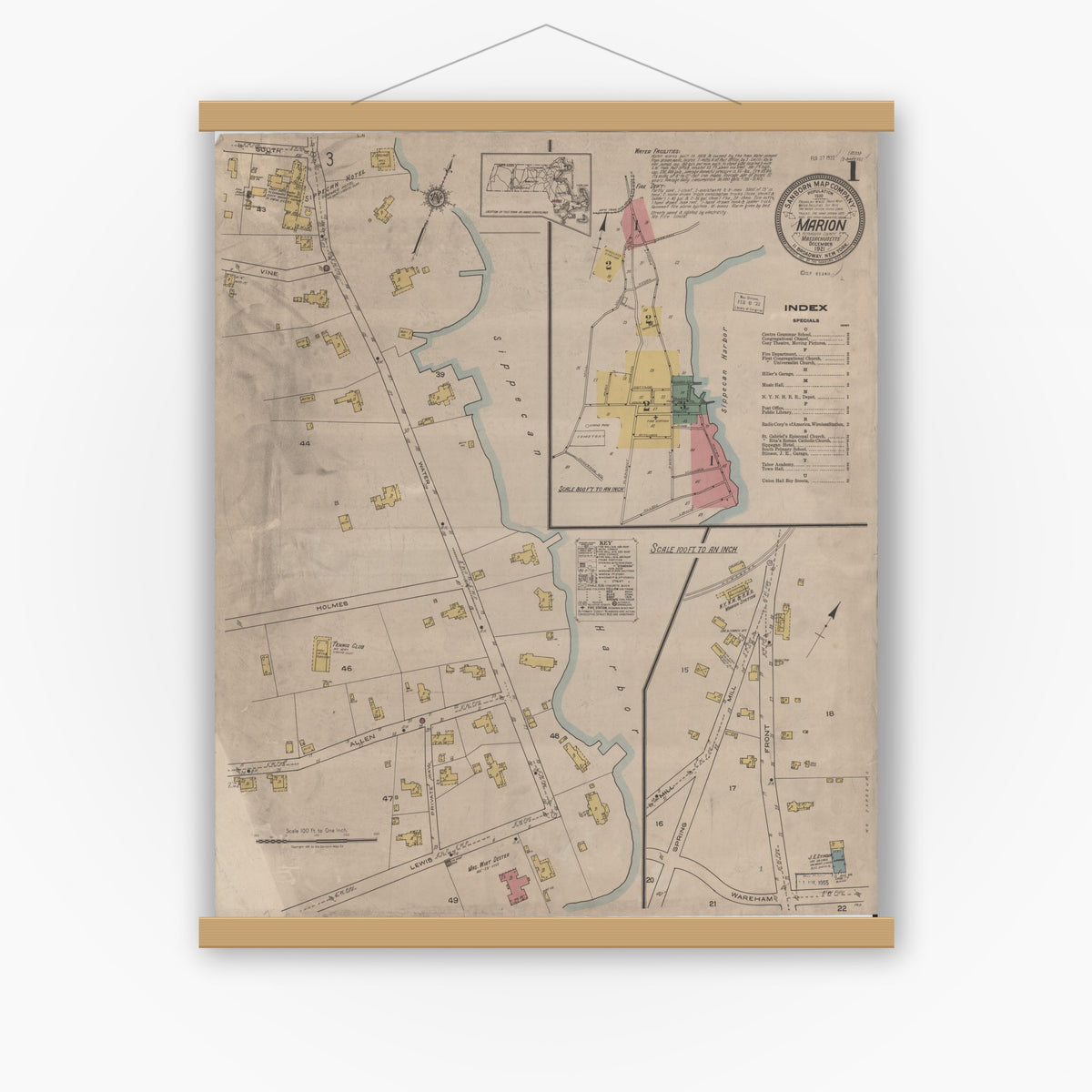 Old map wall art mockup — magnetic wood frame on white wall — Sanborn Fire Insurance Map from Marion, Plymouth County, Massachusetts (1921), Sheet #0001