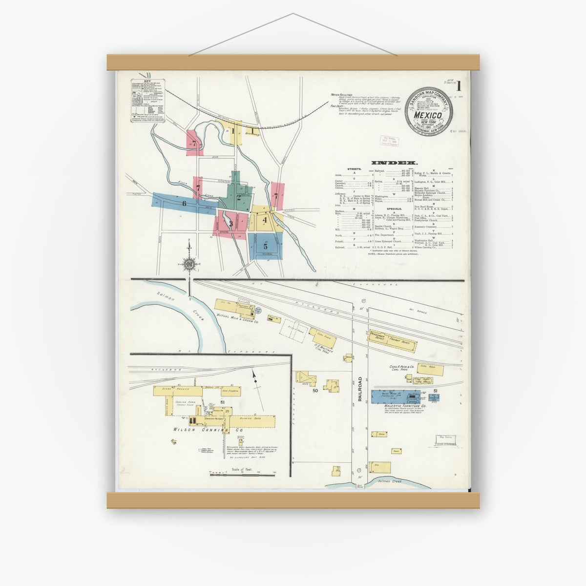Old map wall art mockup — magnetic wood frame on white wall — Sanborn Fire Insurance Map from Mexico, Oswego County, New York (1911) - Complete Map Set