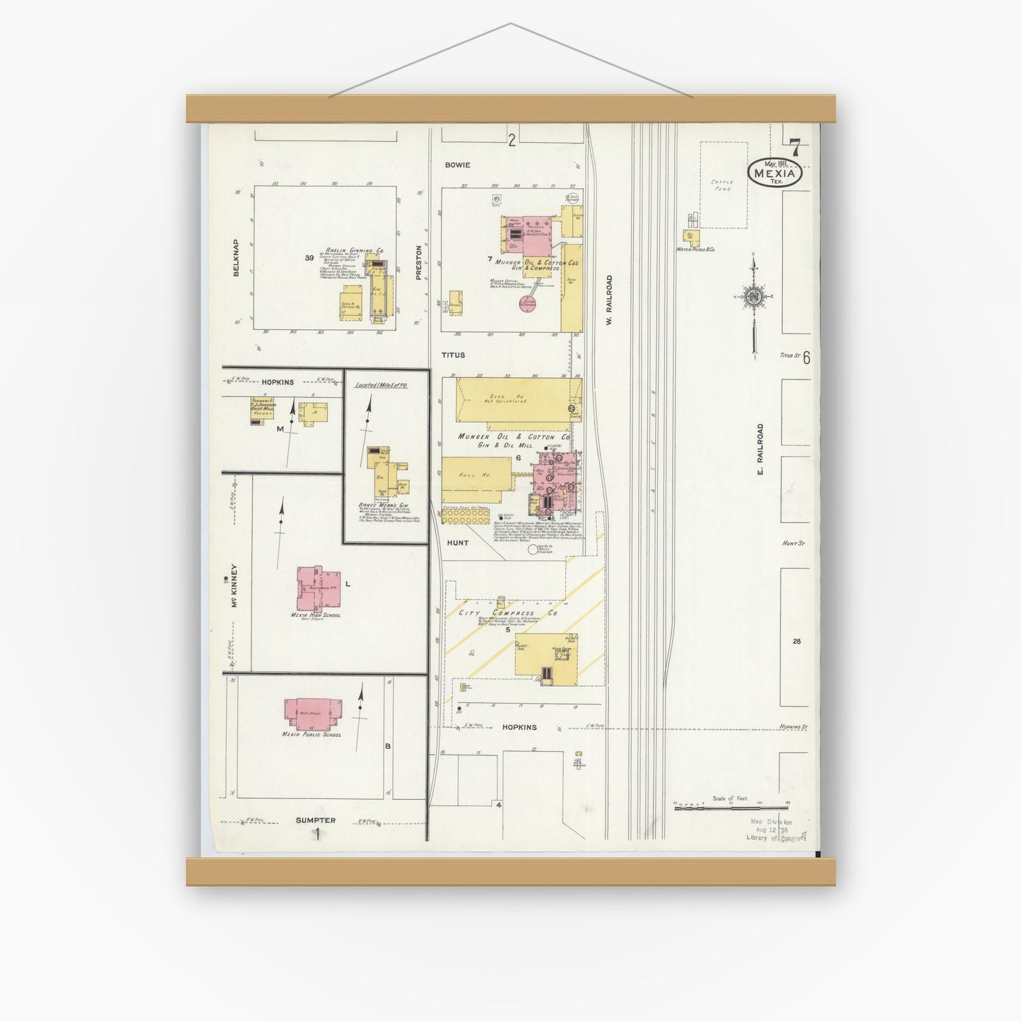 Old map wall art mockup — magnetic wood frame on white wall — Sanborn Fire Insurance Map from Mexia, Limestone County, Texas (1911), Sheet #0007