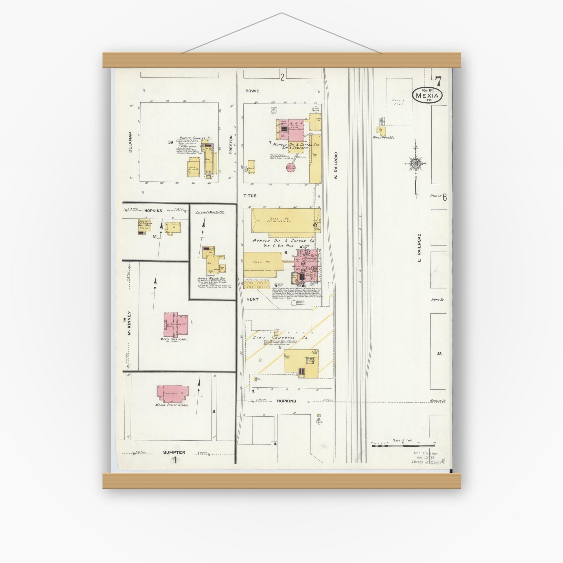 Old map wall art mockup — magnetic wood frame on white wall — Sanborn Fire Insurance Map from Mexia, Limestone County, Texas (1911), Sheet #0007