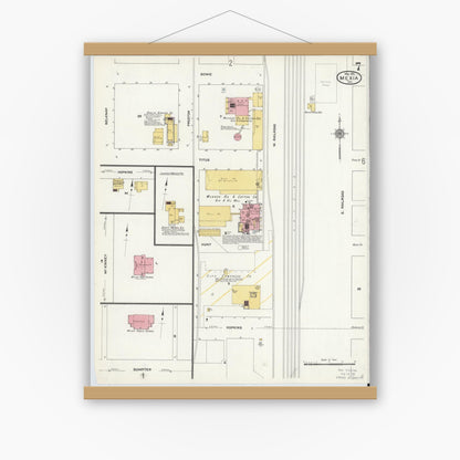 Old map wall art mockup — magnetic wood frame on white wall — Sanborn Fire Insurance Map from Mexia, Limestone County, Texas (1911), Sheet #0007