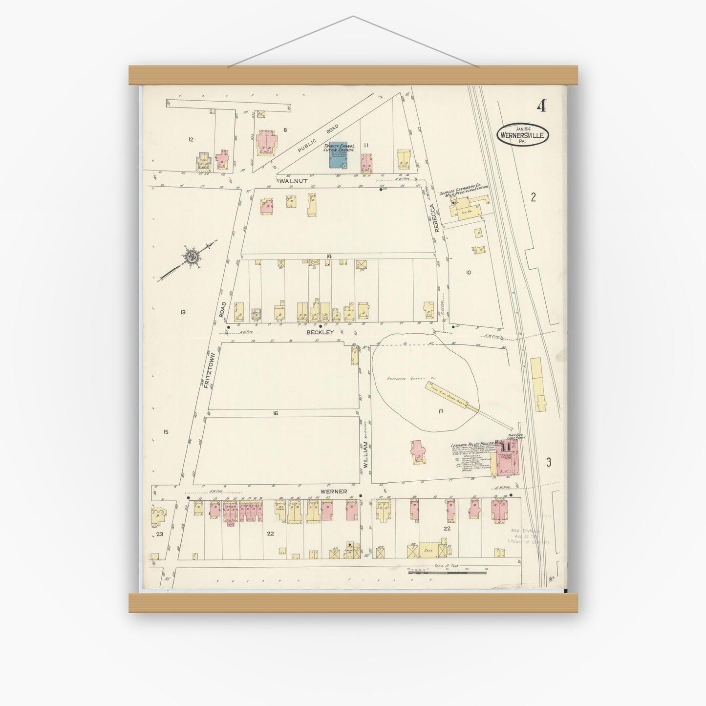 Old map wall art mockup — magnetic wood frame on white wall — Sanborn Fire Insurance Map from Wernersville, Berks County, Pennsylvania (1914), Sheet #0004