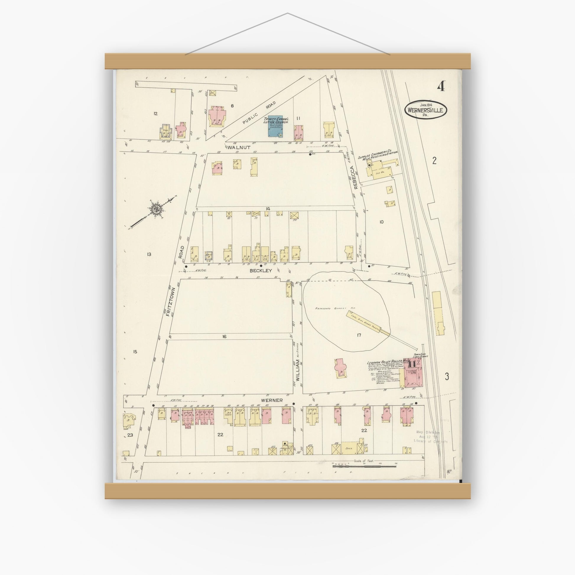 Old map wall art mockup — magnetic wood frame on white wall — Sanborn Fire Insurance Map from Wernersville, Berks County, Pennsylvania (1914), Sheet #0004